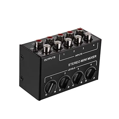 Bulufree Mini mixer audio stereo con ingressi RCA a 4 canali Controlli di volume separati Guscio in metallo pieno