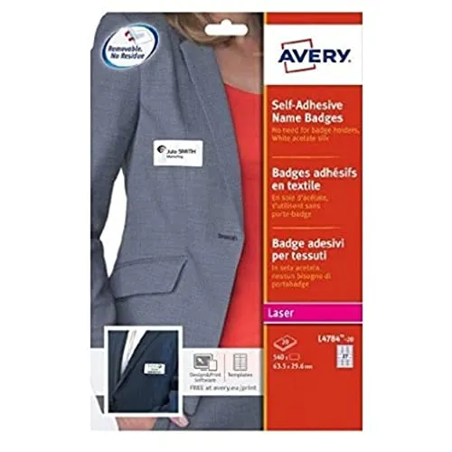 Avery L4784-20 Badge Adesivi, Stampanti Laser, 20 Fogli, 63.5 x 29.6, Bianco