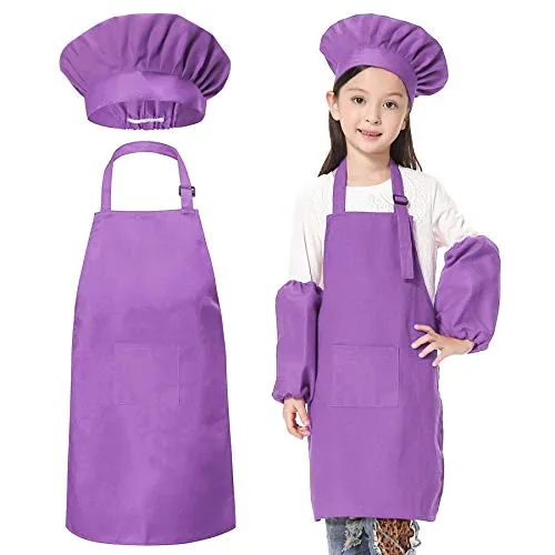 Set costume da cuoco per bambini e bambine con cappello, maniche e grembiule, regolabile, abbigliamento da cucina e da forno (4–10 anni) Viola