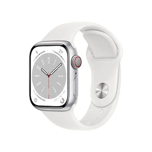 Apple Watch Series 8 (GPS + Cellular, 41mm) Smartwatch con cassa in alluminio color argento con Cinturino Sport bianco - Regular. Fitness tracker, app Livelli O₂, resistente all’acqua