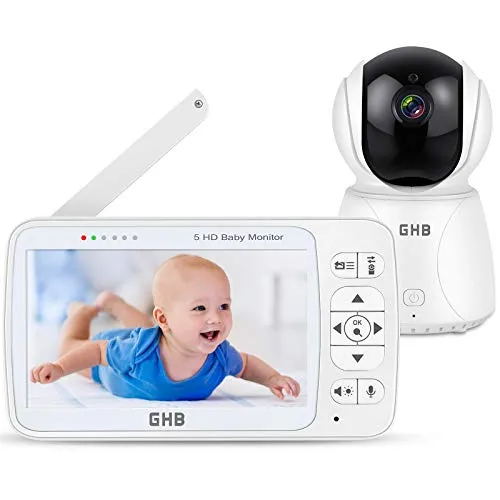 GHB Baby Monitor 5' 720P Videocamera Babyphone con IPS Schermo,120°/350°, Audio Bidirezionale/Visione Notturna a Infrarossi, con Sensore di Temperatura