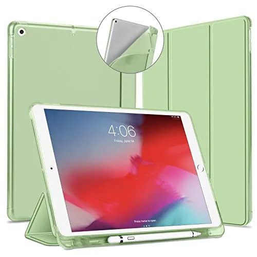 Custodia per iPad 7 Gen, VAGHVEO iPad 10.2 2019 Cover con Built-in Pencil Holder [Auto Svegliati/Sonno], Ultra Sottile Protettiva Morbido TPU Traslucida Smart Case per iPad 10.2 Pollici, Verde Chiaro