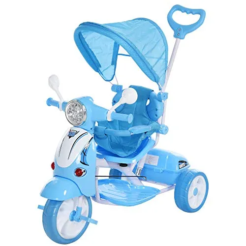 homcom Triciclo con Maniglione a Forma di Moto per Bambini 18-72 Mesi (25kg) con Tettuccio Rimovibile e Bauletto, Azzurro