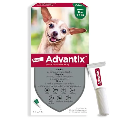 Advantix® Spot-on antiparassitario per Cani fino a 4 Kg, 4 pipette da 0.4 ml. Elimina zecche, pulci, pidocchi e larve di pulce in casa. Protegge da zanzare, pappataci e rischio di leishmaniosi.
