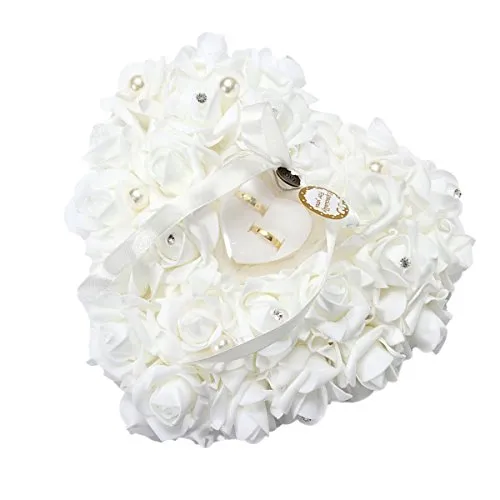 Yosoo 15x13cm Bianco Romantico Matrimonio Anello Rosa Scatola Cuore rosa Bomboniere Anello nuziale Cuscino con elegante cassa gioielli Floral Accessori da sposa