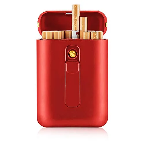 SANSH, portasigarette con scatola accendisigari, 20 pezzi, con accendisigari caricabile tramite USB, 2 in 1, ricaricabile, senza fiamma, antivento, accendino elettrico, Rosso