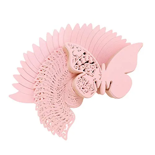 QH-Shop Farfalla Tazza Carta 100 Pezzi Luccichio Laser Cut Farfalla Nome Segnaposto Champagne Bicchiere di Vino Decorazione Matrimonio Fidanzamento Favore di PartitoTavolo Numero Rosa