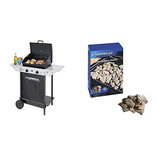 Campingaz BBQ a Roccia Lavica Xpert 100 L Plus Rocky, Barbecue Grill Compatto a 2 Bruciatori, 7.1kW di Potenza, 2 Griglie Cromate, 2 Ripiani Laterali e Un Carrello con Ruote & Campingaz Roccia Lavica