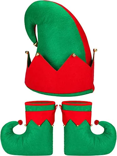 Set di 3 pezzi Costume da elfo di Natale Novità Scarpe da elfo Cappello di feltro di elfo Campane di tintinnio Accessori per costumi di Natale per feste di Natale per adulti