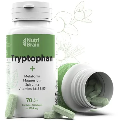 Triptofano Naturale con Melatonina e Spirulina | 70 Compresse | Formula naturale per migliorare il sonno, ridurre l'ansia, aumentare l'energia, la concentrazione e il benessere