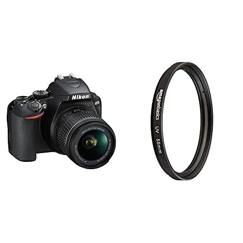 Nikon D3500 Fotocamera Reflex Digitale con Obiettivo Nikkor AF-P 18-55, F/3.5-5.6G VR DX, 24.2 Megapixel, LCD 3", SD da 16 GB 300x Premium Lexar, Nero & Amazon Basics - Filtro di protezione UV - 55mm