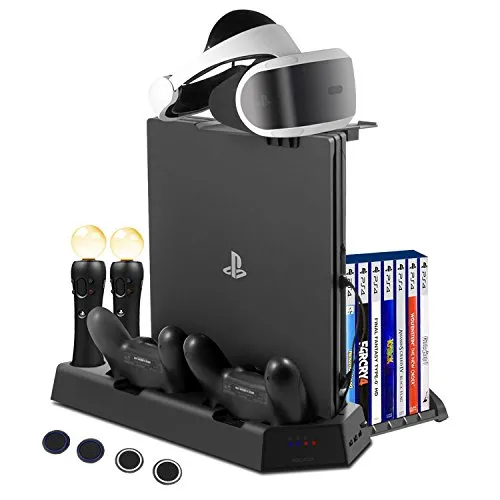 FlexDin Ventola Base Verticale PS4 / PS4 Slim / PS4 Pro Stand, Stazione di Ricarica per 2 PS Move VR Motion Controller e DualShock 4, 14 slot Giochi PlayStation VR PS4, PSVR Supporto, Hub USB 3 Porte