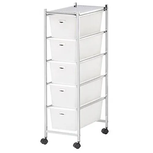 BAKAJI Carrello Multiuso in Acciaio Cromato Cassettiera 5 Cassetti e 4 Ruote Carrellino Organizer Salvaspazio per Bagno Casa Ufficio Estetista Lavoro (Bianco)