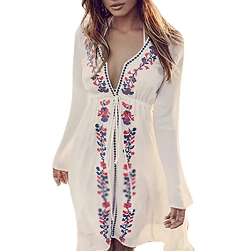 Homebaby - Copricostume Mare Donna Ricamo Camicia - Copribikini in Cotone sui Costume da Bagno Sexy - Kimono Vestito Lungo Estate Boho Hippie Kaftan Tunica Etnica Abito da Spiaggia (S, Bianco)