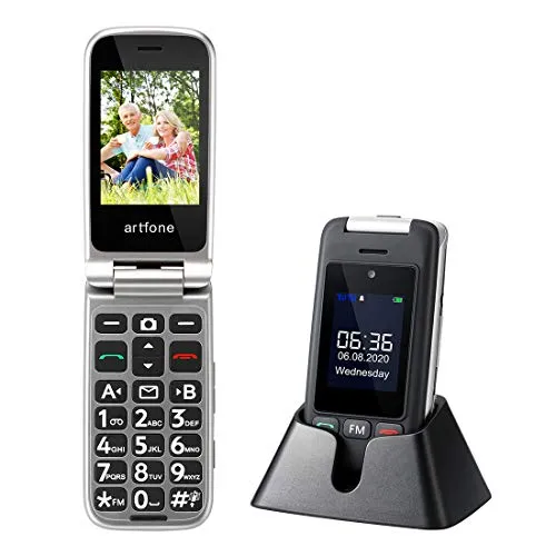 Cellulare per Anziani Artfone C10 GSM Telefono per Anziani a Conchiglia Tasti Grandi 2,4'' Display Volume Alto Funzione SOS Dual 2G SIM FM Radio Torcia Telefonino con Base Ricarica Telefono Nonni