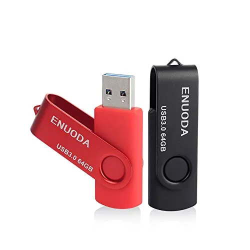 ENUODA 2 Pezzi 64GB Chiavetta Pennetta Girevole USB 3.0 Unità Memoria Flash（Nero Rosso）