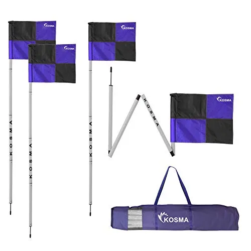 Kosma - Set di 4 bandierine angolari pieghevoli per allenamento di calcio, dimensioni: 5 m x 25 mm, con punta in metallo e bandiere quadranti, colore: blu/nero, in borsa per il trasporto