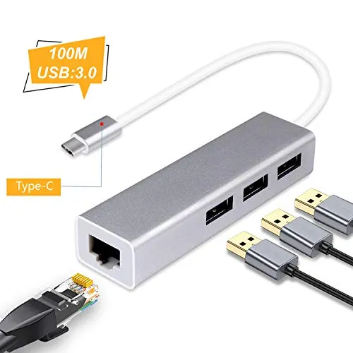 Adattatore hub USB 3.0 a Ethernet NODARA, adattatore di rete USB in alluminio 4 in 1 con porta LAN di rete RJ45 100M, 3 porte USB 3.0, adatto per MacBook Pro, Mac mini, iMac, Surface Pro, XPS ecc
