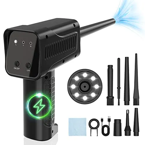 Aria Compressa Senza Fili, Elettrico Rimuovi Polvere con Luce a LED, Air Duster Sostituto di Bombolette ad Aria Compressa Per Pc, Tastiera, Auto E Casa, Pulizia Divano, 90000 giri/min, 7500mAh