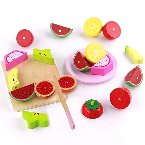 Nuheby 21 Pezzi Frutta Verdura Cucina Giocattolo per Bambini Legno Frutta da Tagliare Cibo Kit Cucina Frutta Finta Giocattolo Regalo Gioco Educativo Bambino 3 4 5 Anni