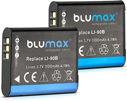 Blumax - 2 batterie per Olympus Li-90b / Li-92b 1100mAh | compatibile con Olympus XZ-2 Tough TG-1 TG-2 TG-3 TG-4 TG-5 SH-50 SH-60 SP-100 EE Traveller SH-1 SH-2