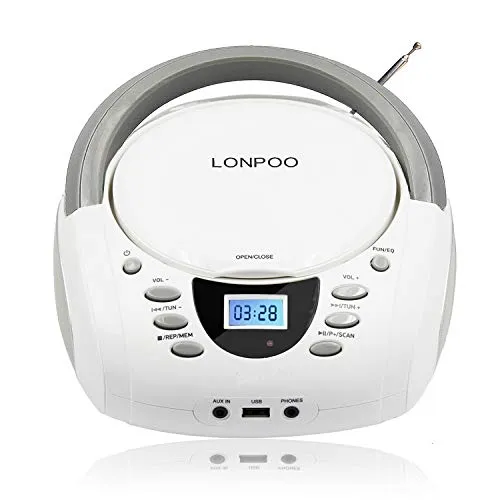 Lettore CD Portatili Boombox, Portatile Bambini Stereo Audio con Bluetooth/Radio FM/USB/ingresso AUX/Uscita Cuffie/ 5 EQ (Bianco)
