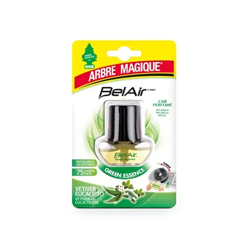 Arbre Magique BelAir, Ricarica Profumatore Auto Liquido con Clip, Fragranza Green Essence, Profumazione Rinfrescante e Rinvigorente, Durata Fino a 75 Giorni, Design Italiano