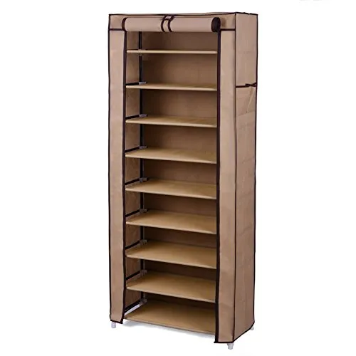 SONGMICS Scarpiera Armadio a 10 Ripiani, capacità Fino a 27 Paia di Scarpe, Portascarpe Cabina Guardaroba in Acciaio Tessuto Colore di caffè 160 x 58 x 28 cm RXJ10K