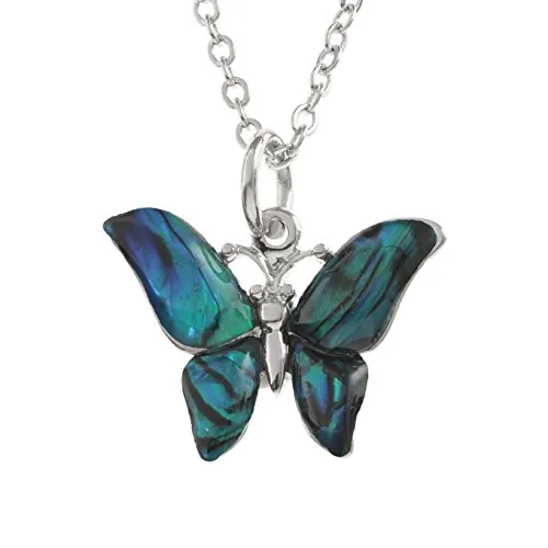 Kiara gioielli collana con ciondolo a forma di farfalla intarsiato con agata verde bluastro paua abalone su 45,7 cm catena forzatina. Non si ossida colore argento rodiato.