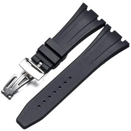 Cinturino in silicone per orologio AP Royal Oak Offshore Series 15710 26470 con fibbia pieghevole in gomma, 28 mm (nero con fibbia argentata, 28 mm)
