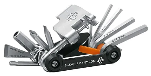 SKS Germany Tom Tool Bicicletta Multifunzionale (Mini Ruota portautensili, in Acciaio Inossidabile/Alluminio, Molte funzioni di Utensili Integrate). Unisex-Adulto, Nero/Argento, Taglia Unica