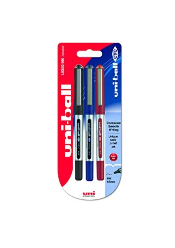 Penna rollerball UB-150 Eye Micro, inchiostro nero/blu/rosso Uni-ball Super Ink, pennino da 0,5 mm, confezione da 3 pezzi