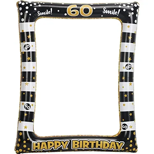 60 Anni Compleanno Cornice Selfie,Cornice per foto gonfiabile, Photo Booth Compleanno Accessori, Puntelli Oro Nero Gonfiabile Cornici ​per Foto Decorazioni, Decorazione per Compleanno Selfie Booth