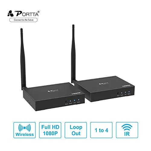 Portta HDMI Extender Wireless Estensione 5G Adattatore Wi-Fi 100m (328ft) Supporto HD W / IR LOOP OUT 1080P HDCP1.3 Trasmissione point-to-point / multicast (fino a 4 ricevitori) Sender e ricevitore