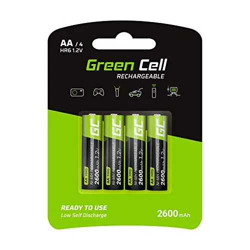 Green Cell 2600mAh 1.2V confezione da 4 Pile Ricaricabili Stilo AA precaricate NiMH, alta capacità, Mignon accumulatore, HR6 batteria, Bassa autoscarica, BK-3MCCE/8BE