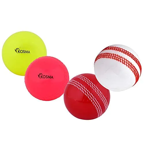 Kosma Set di 4 palline da cricket Windball | Palline da allenamento morbide (giallo, rosa, rosso con cuciture bianche, bianco con cuciture rosse)