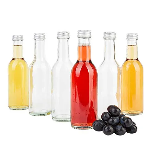 MamboCat - Set di 6 bottiglie trasparenti con tappo a vite argentato, 250 ml, in vetro, vuote, per vino, liquori e superalcolici, piccole rotonde