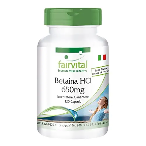 Fairvital | Betaina HCL 650mg - per 1 mese - alto dosaggio - VEGAN - 120 capsule - cloridrato di betaina