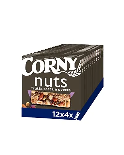 Corny Nuts | 48 Barrette ai Cereali, Frutta Secca e Uvetta, 12 Confezioni da 4 Barrette x 24gr, Senza Olio di Palma, Senza Conservanti, Senza Coloranti