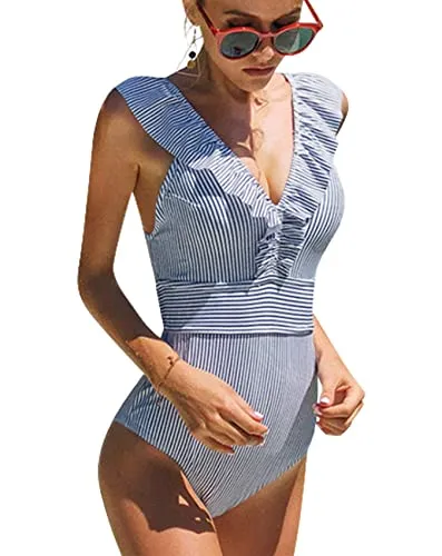 heekpek Costumi da Bagno Intero da Donna Push Up Scollo a V Costumi Interi Vita Alta Bikini Sexy Curvy Costumi da Mare Strisce Piscina Spiaggia,Blu,XL