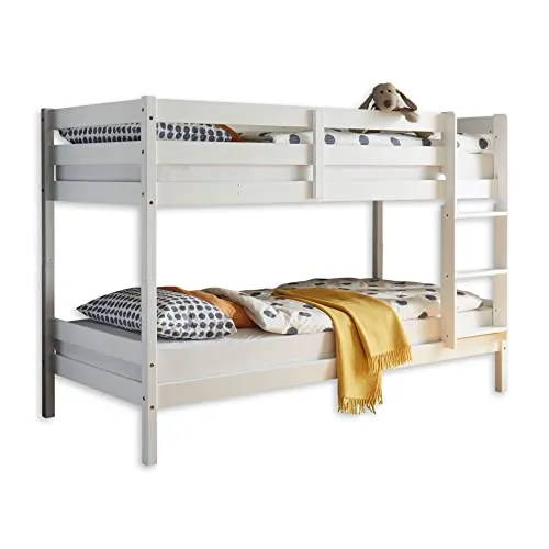 Letto a castello moderno Moritz con scala e due scale per dormire 90 x 200 cm per bambini, poco ingombrante, in pino massiccio, bianco, 97 x 140 x 207 cm, in pino bianco