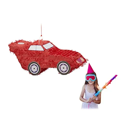 Relaxdays 2 Pignatte Auto da Riempire, Set Pentolacce, Feste di Compleanno Bambini, Giochi per Party, HxLxP 24x52x18 cm, Rossa