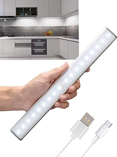 Luci da armadio, con sensore di movimento, 20 LED, ricaricabili tramite USB, con striscia magnetica adesiva, per armadio, armadio, cucina, credenza (caldo, 4 modalità) Luce calda