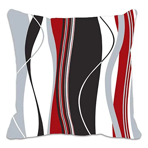 Copricuscino con strisce verticali ondulate; ideale per soggiorno, divano ecc.; colori: rosso, nero, bianco e grigio; personalizzabile