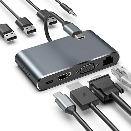 XDDIAS Hub USB C 8 in 1, Tipo c Adattatore in Alluminio con Uscita HDMI 4K, Gigabit Ethernet, 1080P VGA, 3.5mm Audio Output, 3 USB 3.0, PD Carica per MacBook PRO 2018, Samsung S10, Huawei