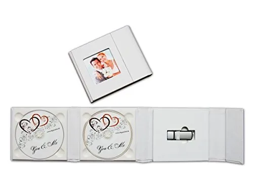 Custodia doppia per chiavetta USB e DVD con cornice inclusa, motivo matrimonio. In ecopelle, colore: bianco