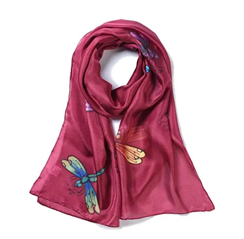 Invisible World Foulard Seta da Donna 100% Lunga Dipinta a Mano con Libellula per Collo, Testa o Capelli - Bordeaux