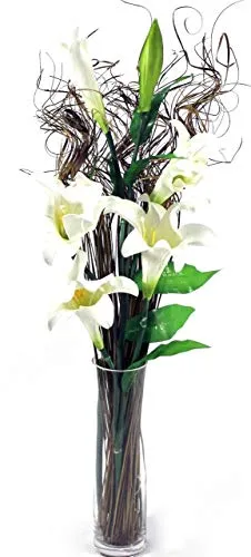 Fiori artificiali con stelo fino a 100 cm, colore: bianco/panna, con fogliame decorativo incluso, da mettere subito in vaso (colori assortiti), 6 gigli color panna