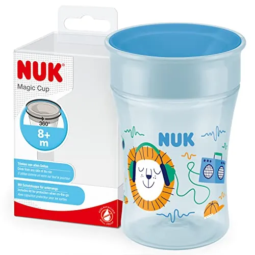 NUK Magic Cup Bicchiere Antigoccia | Bordo Anti-rovesciamento A 360° | 8+ Mesi | Senza Bpa | Riccio Blu, color Leone ( Blu), 230 ml