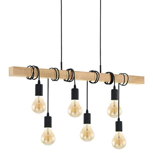 EGLO Lampada a sospensione Townshend, plafoniera dal design vintage, retrò e industrial a 6 punti luce, acciaio e legno, E27